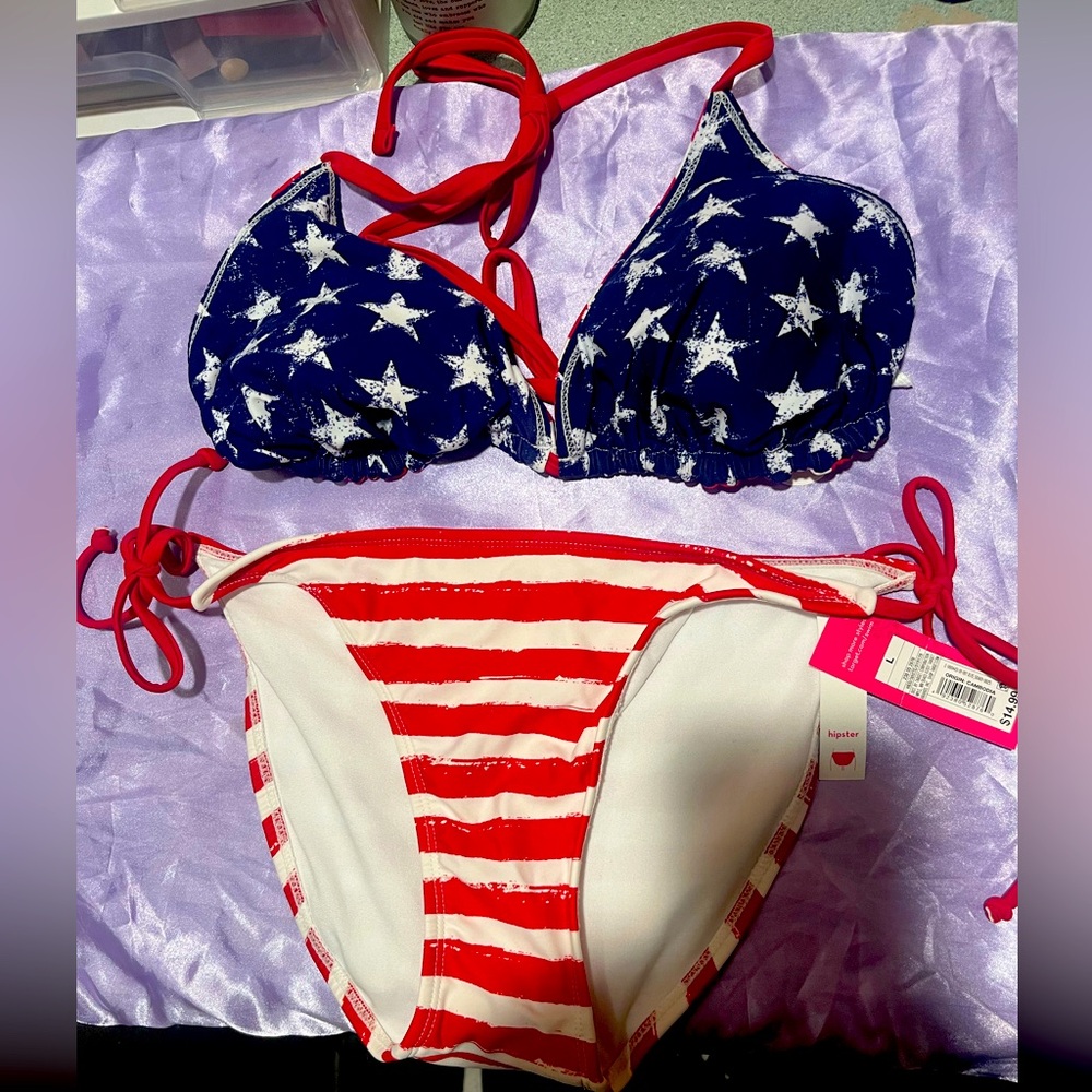 NWT Patriotic Stars and Stripes Reversible string bikini Xhilaration brand